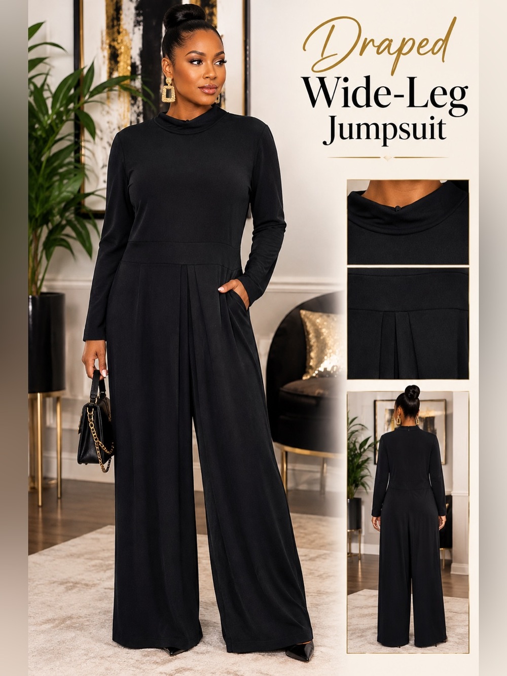 Black Draped Wide-Leg Jumpsuit - Women